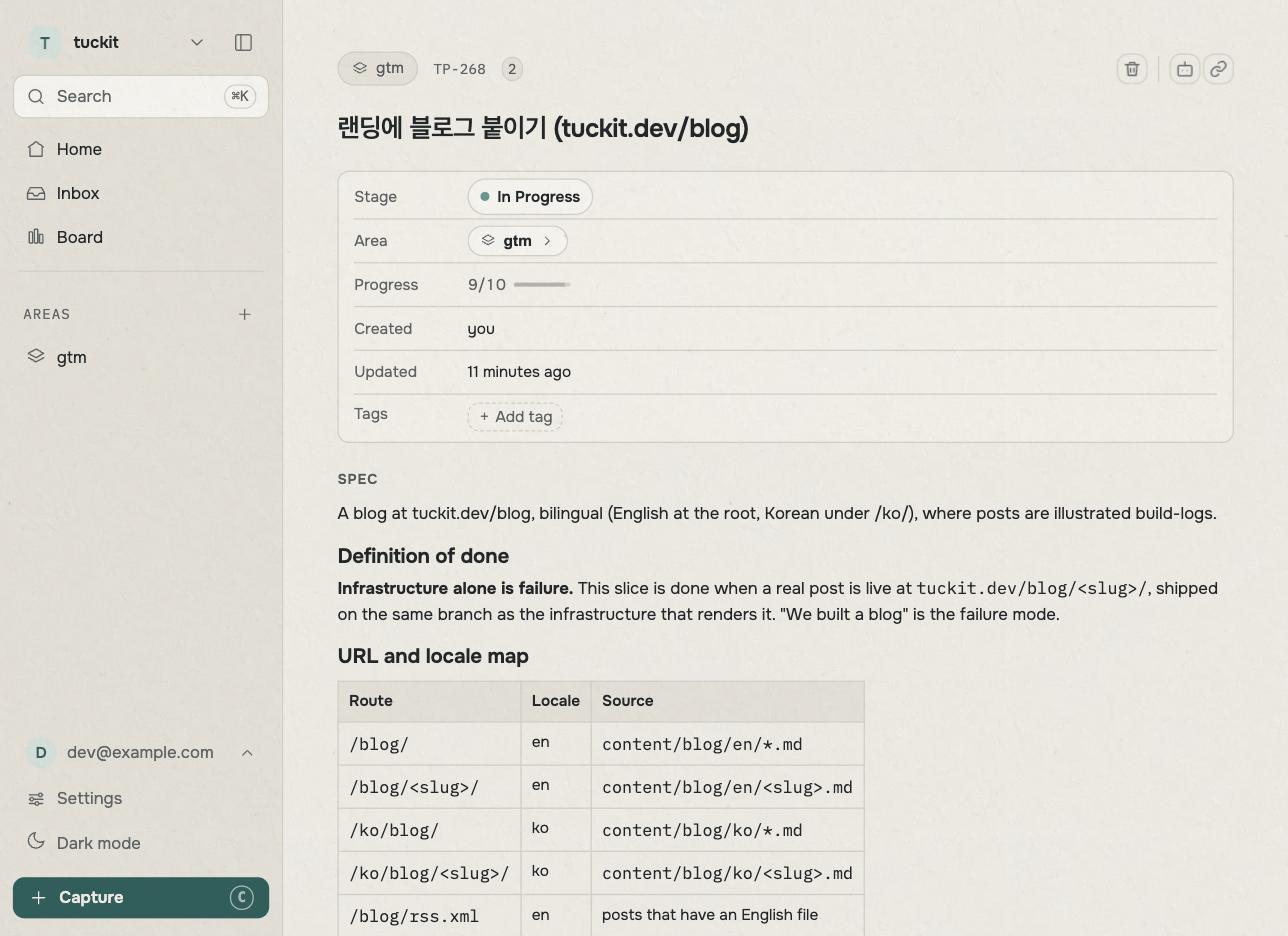 This blog project on its tuckit board. Nine of the ten tasks are finished
