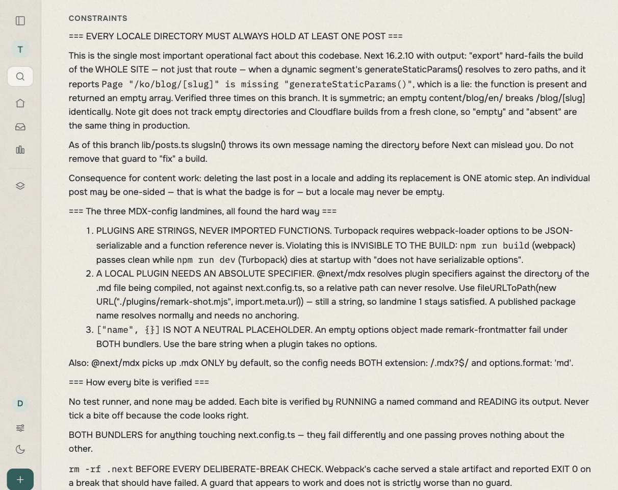 The warning block in tuckit, which the next agent reads before starting