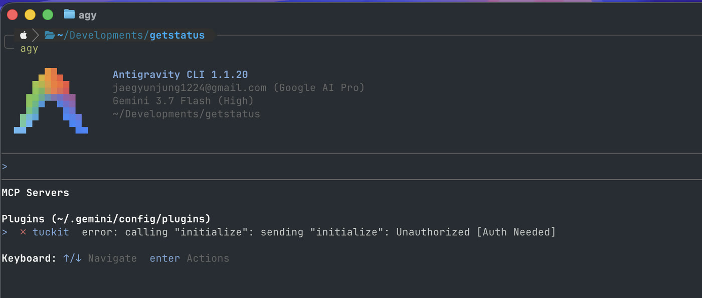 The MCP Servers list, with a red X next to tuckit and 'Unauthorized [Auth Needed]'