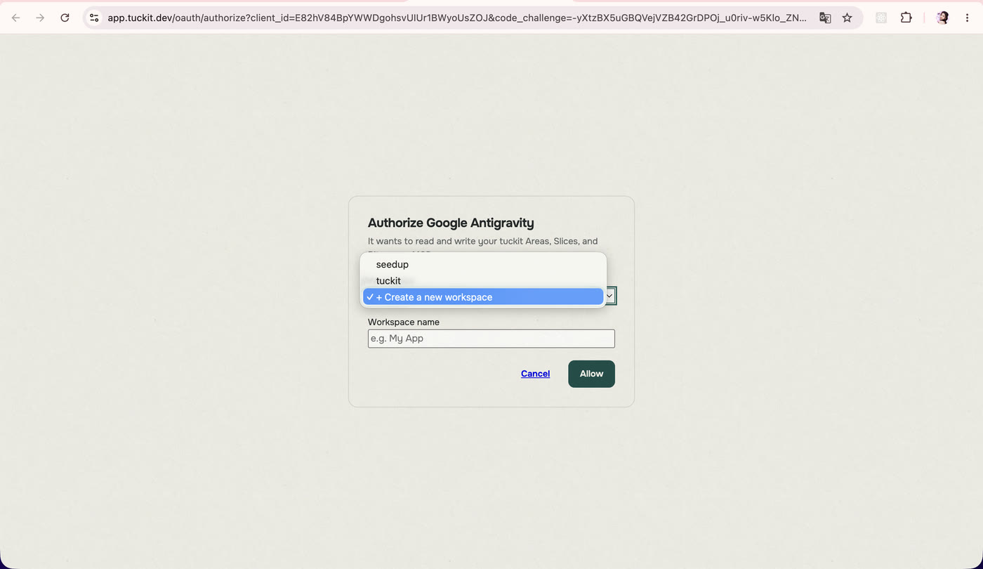 The Authorize Google Antigravity screen with the workspace list open on '+ Create a new workspace'
