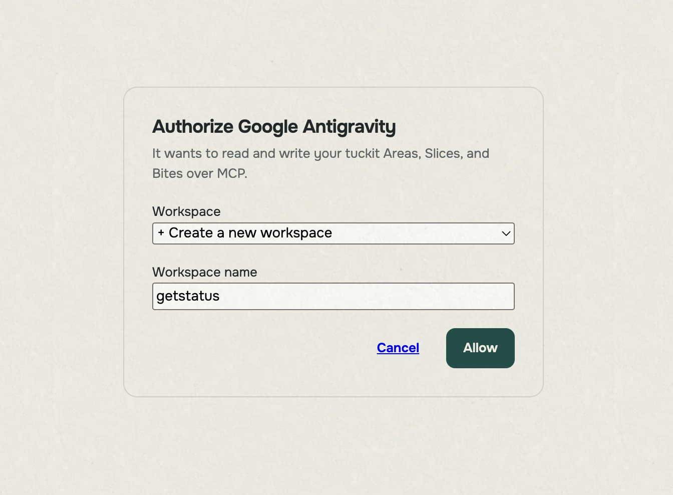 The workspace name field filled in with getstatus, just before pressing Allow