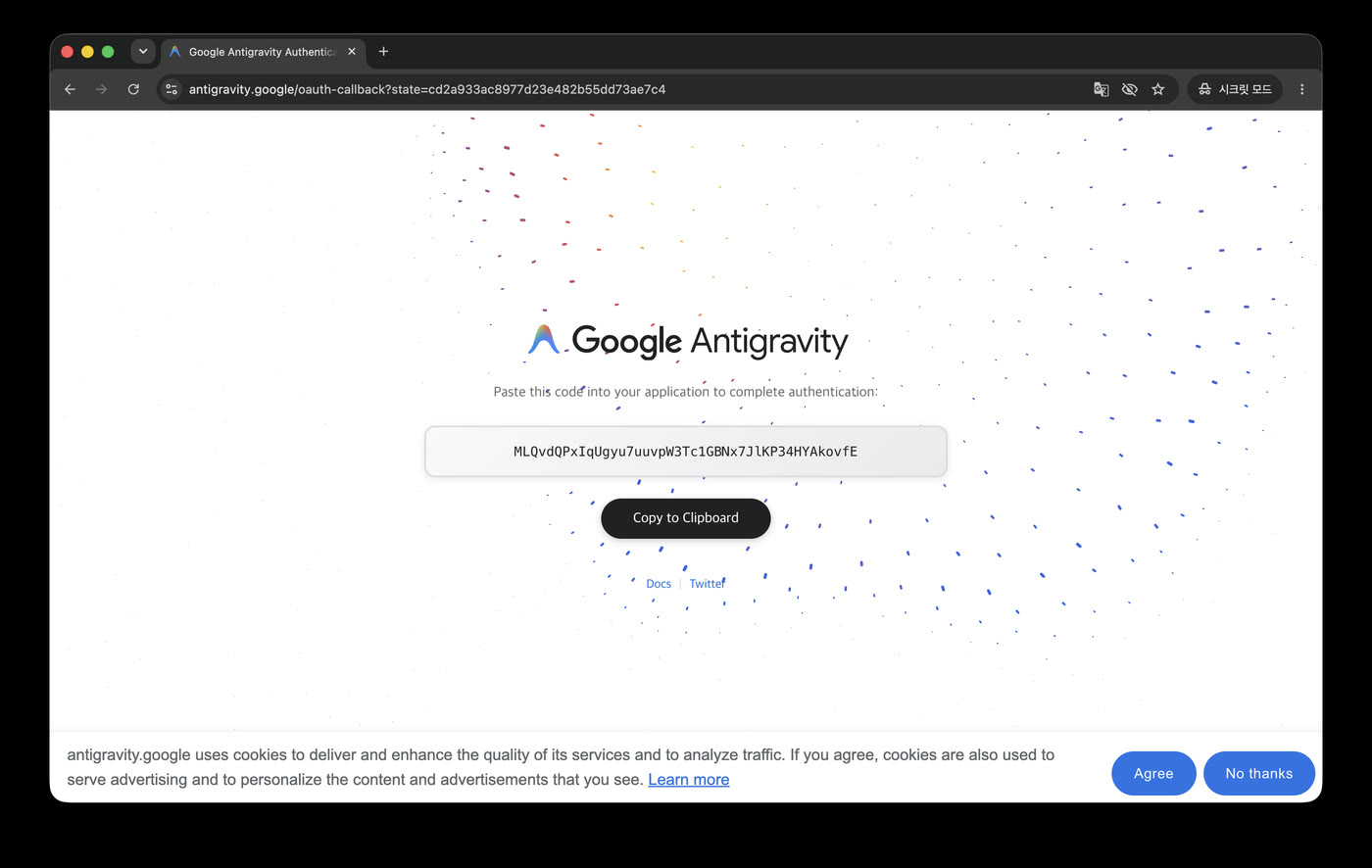 The Google Antigravity page showing an authentication code with 'Paste this code into your application to complete authentication'