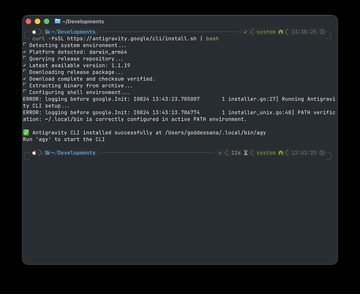The install script finishing with 'Antigravity CLI installed successfully' and 'Run agy to start the CLI'
