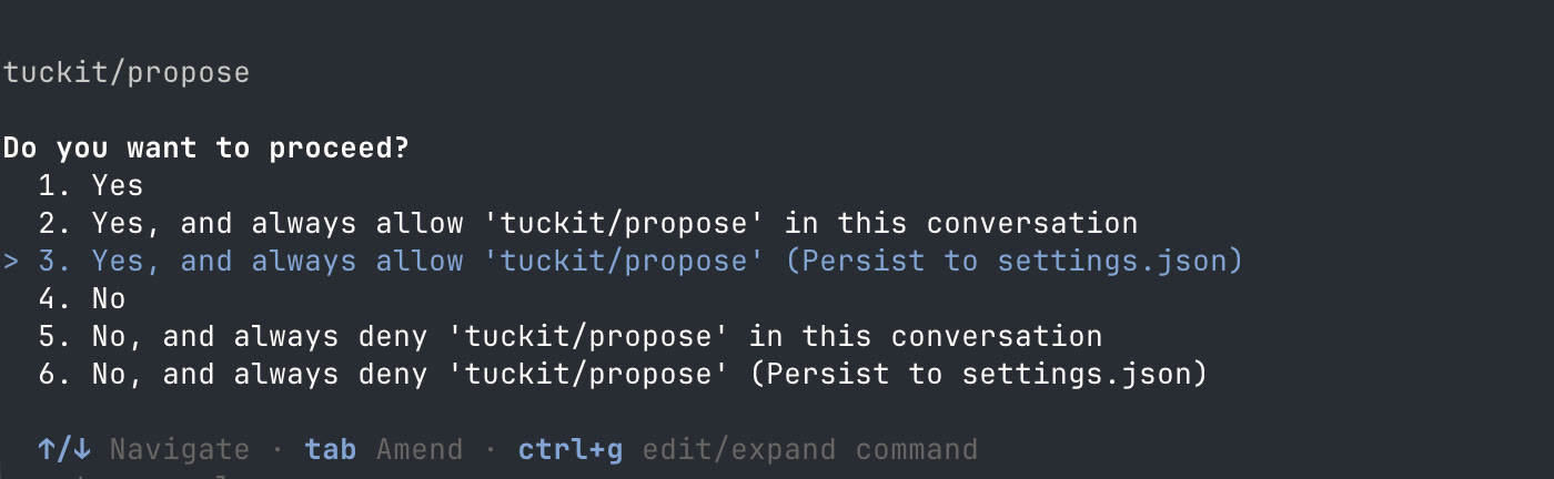 A permission prompt asking whether tuckit/propose may be used