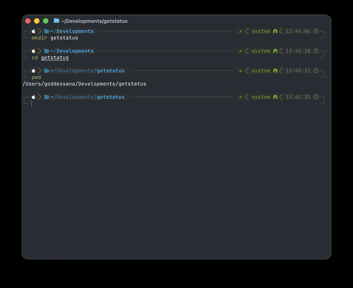 A terminal running mkdir, cd and pwd in turn, ending up inside the getstatus folder