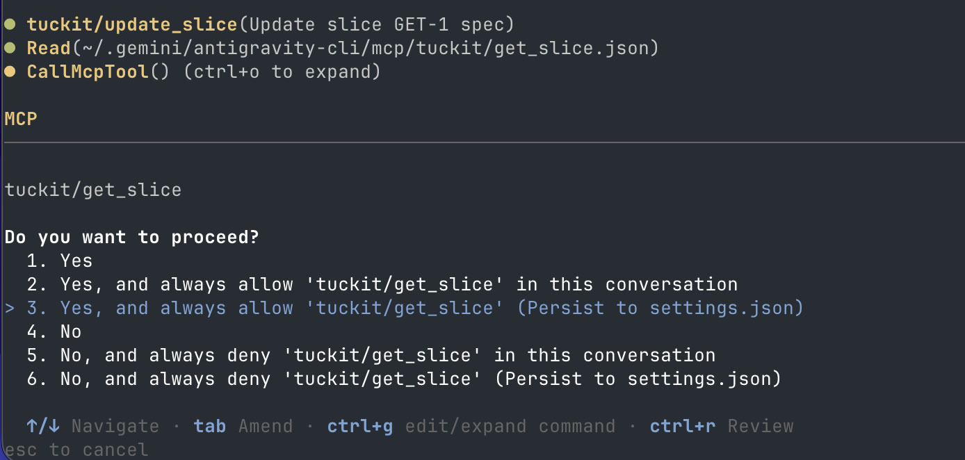 A permission prompt asking whether tuckit/update_slice and get_slice may be used