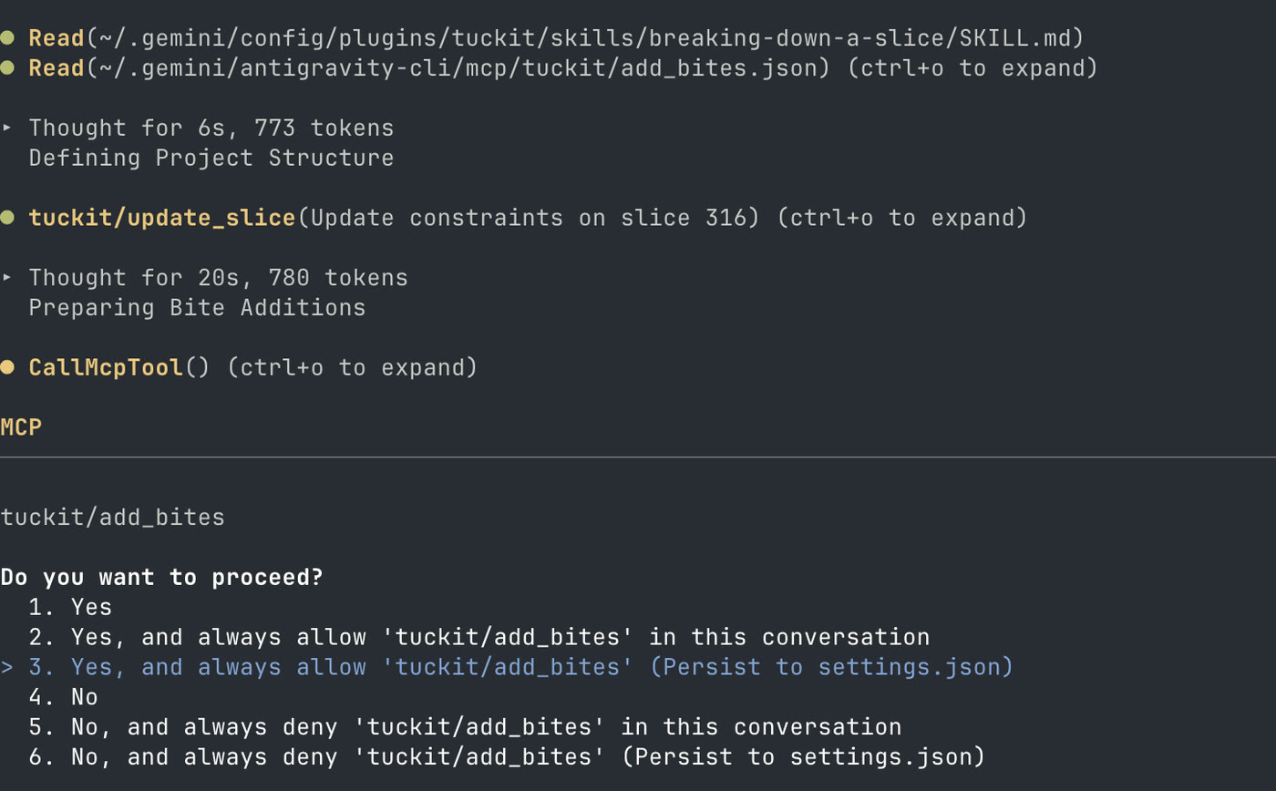A permission prompt asking whether tuckit/add_bites may be used