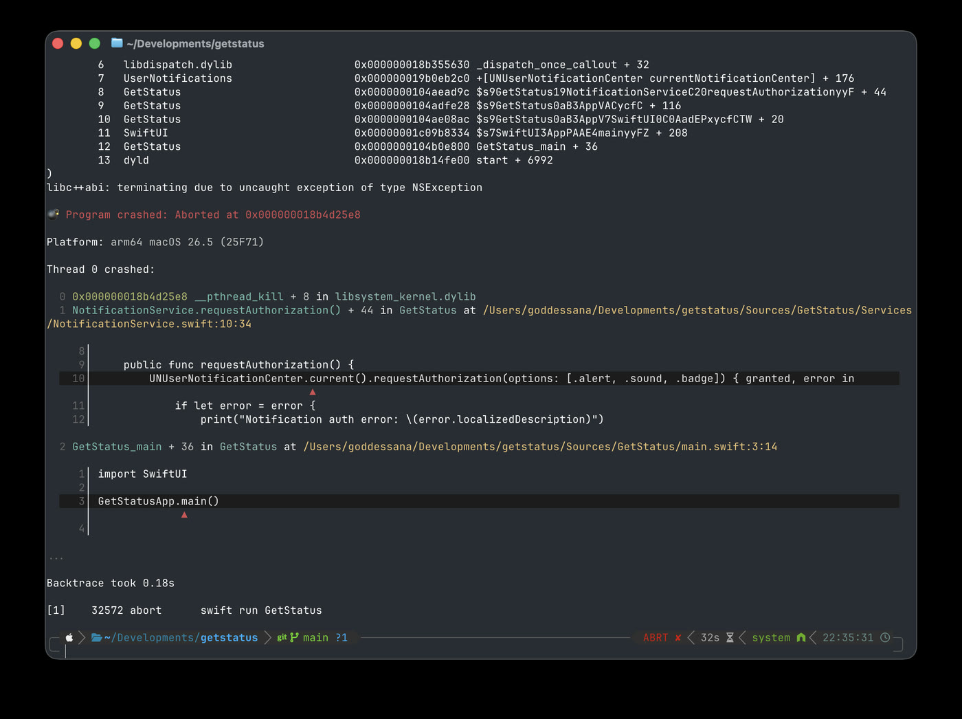 A terminal full of crash logs. The program died inside NotificationService.requestAuthorization