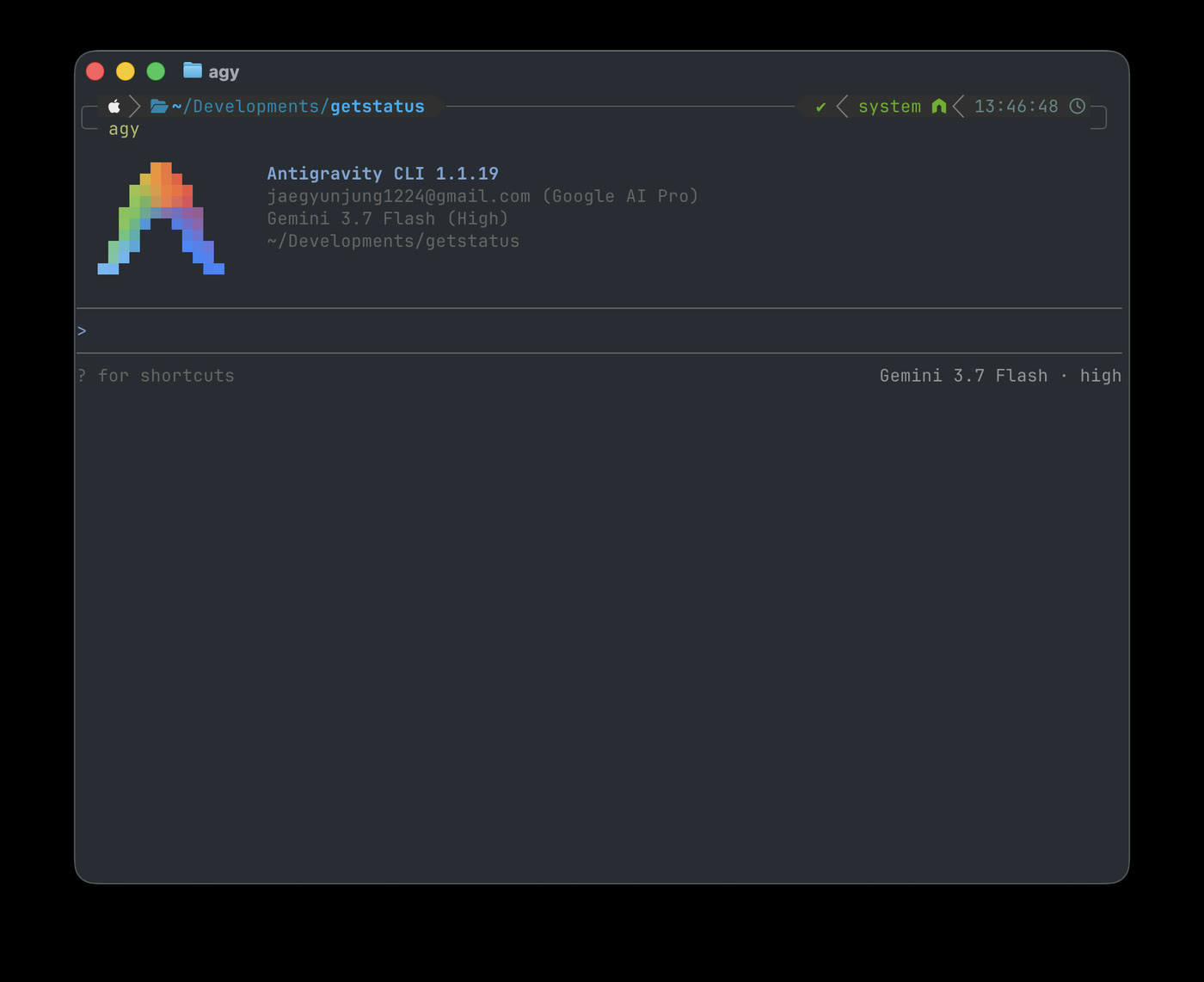 The Antigravity CLI 1.1.19 start screen, showing the account, the Gemini 3.7 Flash model and the current folder