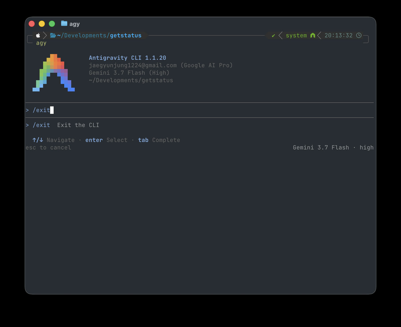 Typing /exit into the input box, with the 'Exit the CLI' completion showing
