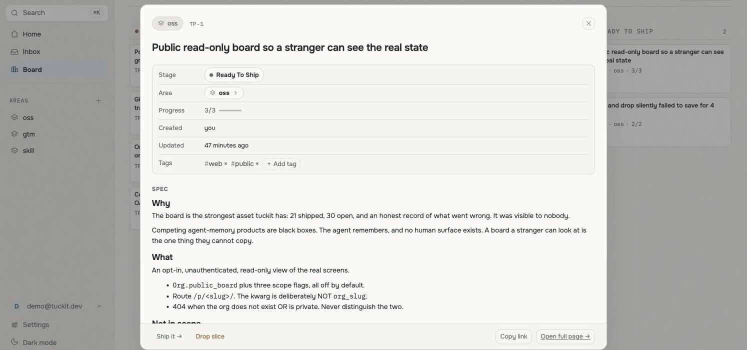 An item opened in tuckit: stage Ready to ship, progress 3 of 3, tags, and a spec written in markdown with Why and What sections.